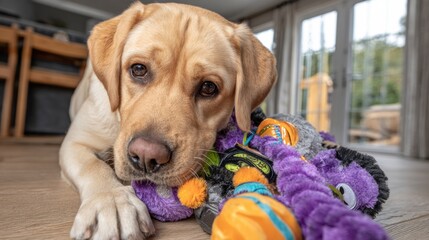 Golden Labrador Retriever investigates a colorful pile of Halloween toys in a warm and welcoming living room
