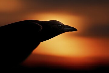 Silhouette of a crow at sunset