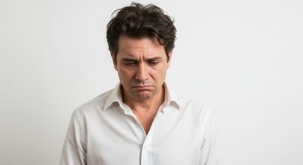 Obraz premium A man's sorrowful expression, captured in a close-up portrait against a plain white backdrop, evokes a feeling of sadness and introspection.