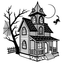 Naklejka premium Haunted House on a Moonlit Night, haunted house, Halloween SVG, spooky house, Halloween vector.