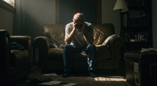A man sits dejectedly on a worn couch, his head in his hands, overwhelmed by the gloom of a cluttered room.