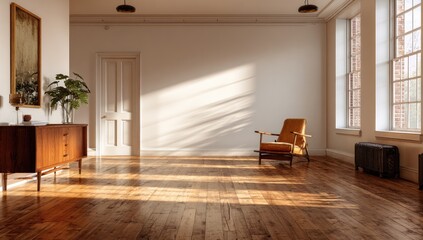 Fototapeta premium Sunny, spacious interior with warm wooden floors