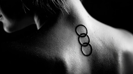 Obraz premium Symbol of Connection: A monochrome photograph captures a tattoo of three interconnected circles delicately inked on the back of a person, conveying themes of unity and subtle intimacy.