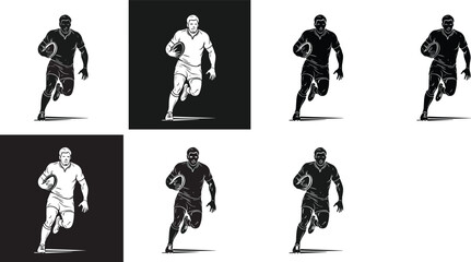Rugby Runner Illustrations in Six Stylized Variations with Ball and Gear on White and Black Backgrounds for Sports Design Content