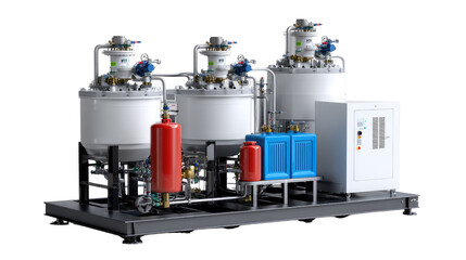 Industrial Tank Equipment: A detailed view of a modern industrial setup features large, cylindrical tanks with interconnected piping.
