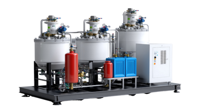 Industrial Tank Equipment: A detailed view of a modern industrial setup features large, cylindrical tanks with interconnected piping.