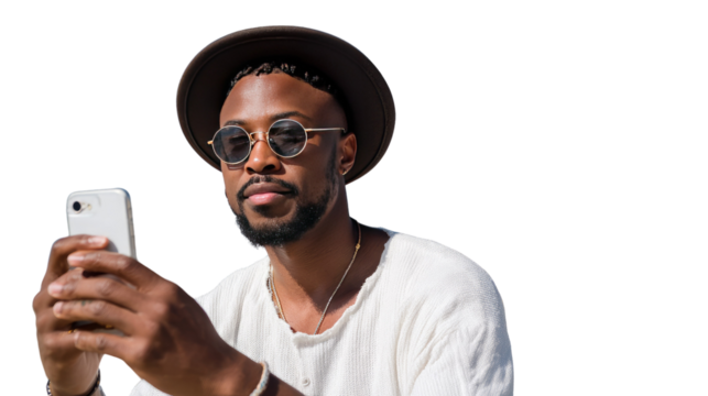 Smart Lifestyle: An attractive man wearing hat and glasses enjoys the sunlight and navigates his phone, a candid glimpse into the modern and tech-savvy lifestyle.