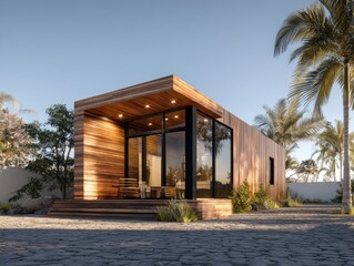 Fototapeta premium Modern wooden cabin with expansive windows