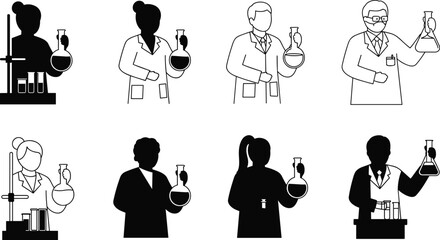 Scientist Silhouettes in Eight Lab Poses Featuring Glassware, Equipment, and Diverse Attire for Educational and Design Content