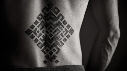Geometric Tattoo on Back: A striking monochrome view of a intricately designed tattoo on human skin, showcasing artistic self-expression and body art in a minimalist setting.