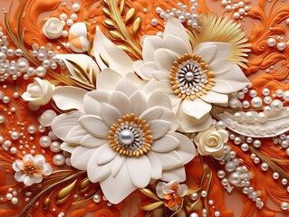 A stunning, elaborate arrangement of sculpted white flowers and pearls on a vibrant orange background with ornate, swirling details.