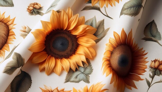 photorealistic vintage inspired sunflower pattern on cotton poplin the design uses faded pastel colors for a retro style draped smoothly on a white background