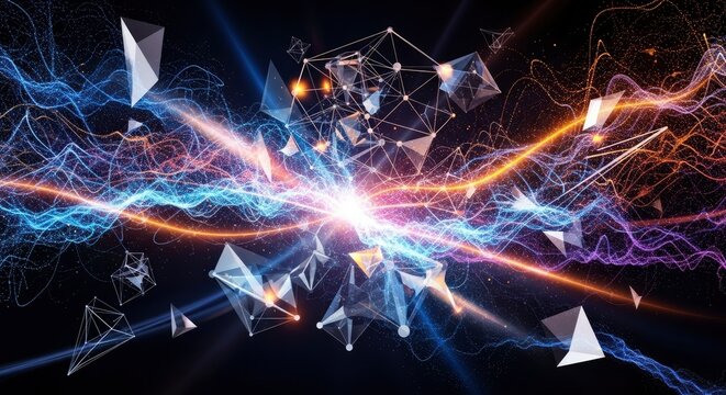 Bright central light burst illuminates a dynamic field of glowing particle waves and interconnected geometric polygons against a dark background