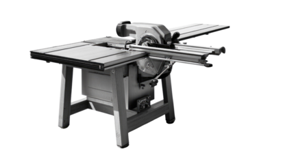 Table Saw in Industry: A detailed shot of a sturdy table saw, a vital tool in the industry, its sharp blade poised for precise cuts. Focus on precision and industrial strength.