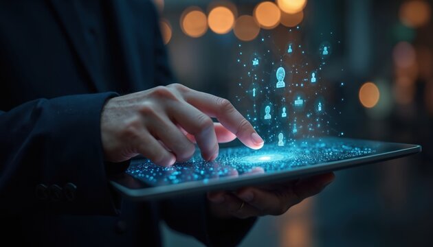Person uses tablet for digital identity verification and biometric authentication. Blue digital network with user icons connect via fingerprint on screen. Security, access, and technology.