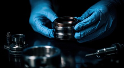 Hands in blue gloves inspecting dark silver ring with industrial pistons on metallic background, for manufacturing quality control and mechanical assembly