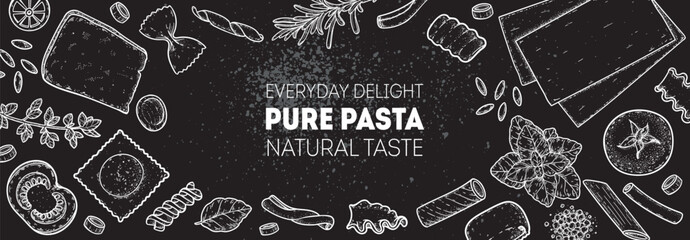 Traditional Italian pasta sketch. Italian food. Staple food. Hand drawn vector illustration. Background for packaging, menu. Top view. Not AI © DiViArts