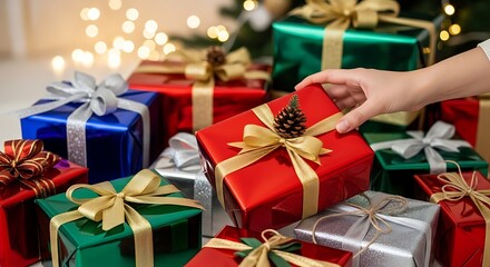 Obraz premium Christmas gifts with hand selects present.