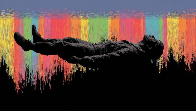 Floating figure, vibrant colors, abstract background