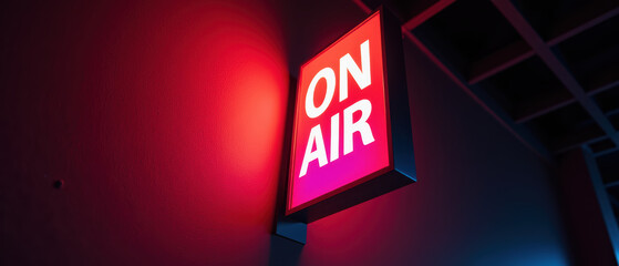 Bright ON AIR sign illuminated in vibrant colors, creating lively atmosphere in broadcasting studio