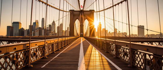 Brooklyn Bridge at sunset with city skyline, warm light, urban landscape, architectural details, peaceful atmosphere, travel destination