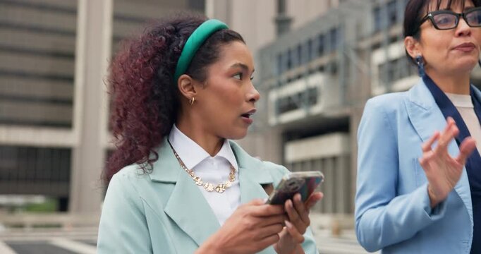 Business women, tech and planning with personal assistant for schedule or appointments in city. Female people, boss and planner with mobile phone for taking notes, agenda or tasks in an urban town