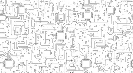 Intricate abstract digital circuitry network pattern design with clean lines and geometric elements