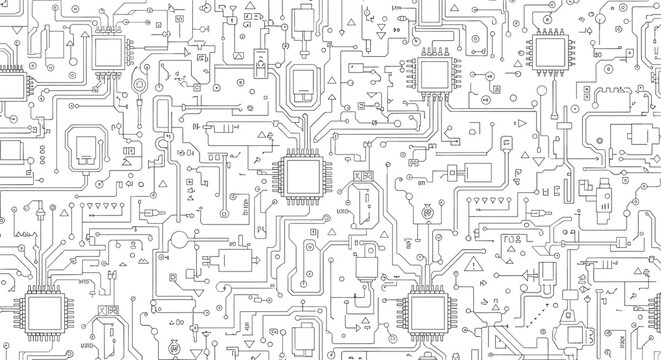 Intricate abstract digital circuitry network pattern design with clean lines and geometric elements