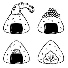 Onigiri line art vector set of illustrations. Different types of onigiri, sushi, japanese asian food