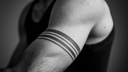 Strong Arm Display: An image capturing the strong arm of a fit individual, featuring a tattoo with a dark armband in a photorealistic, black and white composition.