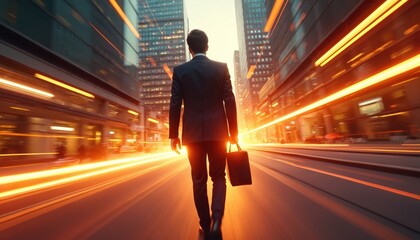 Businessman walks through futuristic city street at sunset. Motion blur effect captures speed and progress. Tall buildings with glowing lights suggest advanced technology and connected digital world.