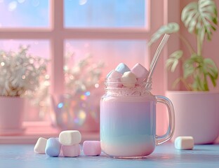 Pink and blue drink with marshmallows by a window