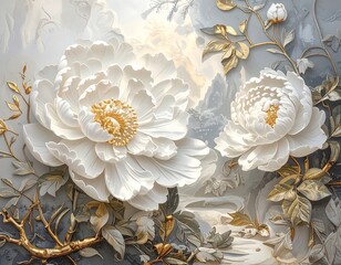 Ornate white peonies in a detailed floral scene