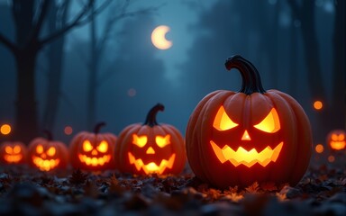 Jack O' Lanterns Glowing In Fantasy Night. Halloween Background. High quality