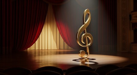 A golden treble clef stands center stage, bathed in spotlight, on a polished wooden stage.