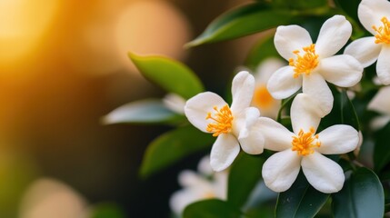 Fototapeta premium Beautiful white flowers blooming in nature during golden hour