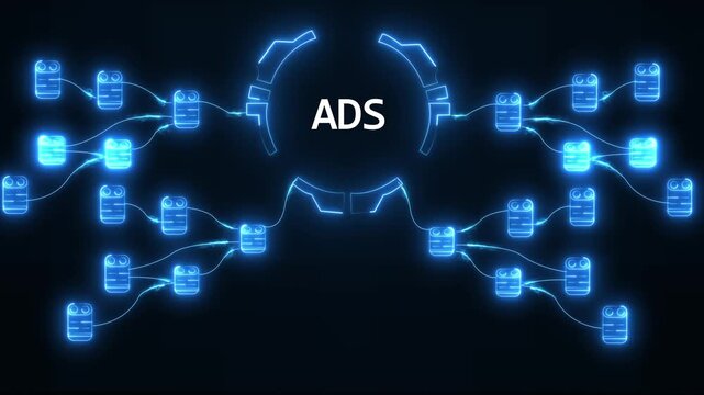 Digital advertising network connection abstract concept glowing blue nodes connected by lines with A D S text in center futuristic technology data flow