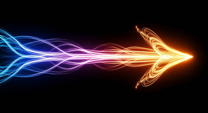 Glowing arrow formed by light trails moving from left to right on a black colored background
