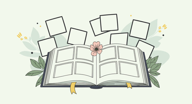 Open photo album with blank pages surrounded by leaves and blossoms creating a cherished memory book for your life