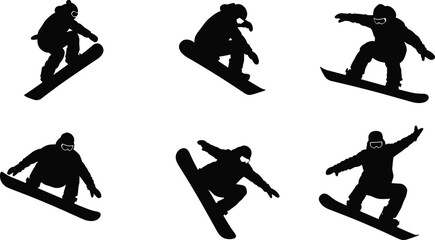 Snowboarder Silhouettes in Varied Mid-Air Trick Poses with Winter Gear on White Background for Sports and Design Content