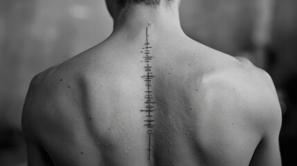 Back Tattoo in Monochrome: A striking grayscale view showcases a minimalistic back tattoo gracing a person's spine, embodying an artistic statement through intricate lines and forms. 
