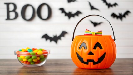 Halloween pumpkin bucket with colorful candies and black bats decoration
