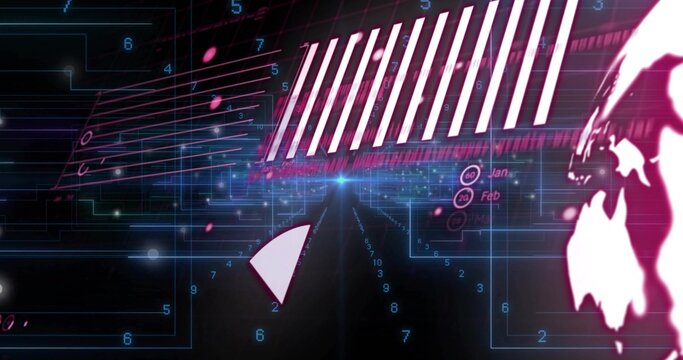Displaying digital interface on glowing grid, with bar-chart stripes, triangle and pink globe