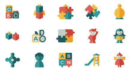 Obraz premium Colorful geometric toy icons featuring puzzle pieces and alphabet blocks