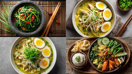 Four Herb salad matcha drink and noodle bowl in studio setup deliver fresh contrast for Healthy Food Image 4K UHD