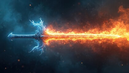 Dual element sword blends fire, ice with cosmic dust particles. Ornate blade features glowing hot flames on one side, frozen ice effects on. Mythical weapon design evokes powerful energy for fantasy