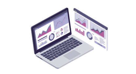 Isometric laptop with data analytics screen and graphs for business analysis