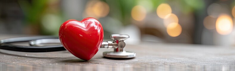 Red heart and stethoscope on a table