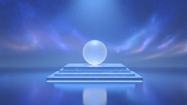 Glowing sphere on blue steps