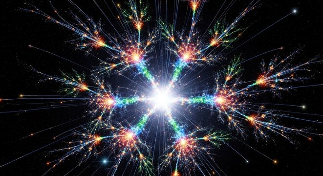 Bright central starburst radiating intricate colorful branching light patterns into a dark star-filled cosmic space